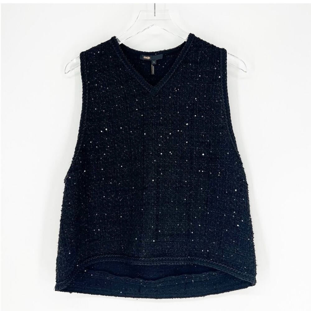 MAJE V-Neck Tweed Sequin Tank Top Women's Size 1 (S) Black Quiet Luxury - Picture 2 of 7